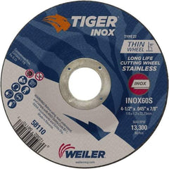 Weiler - 60 Grit, 4-1/2" Wheel Diam, 7/8" Arbor Hole, Type 27 Depressed Center Wheel - Medium Grade, Aluminum Oxide, Resinoid Bond, S Hardness, 13,300 Max RPM