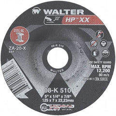 WALTER Surface Technologies - 20 Grit, 5" Wheel Diam, 1/4" Wheel Thickness, 7/8" Arbor Hole, Type 27 Depressed Center Wheel - Aluminum Oxide, Resinoid Bond, 12,200 Max RPM