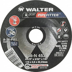 WALTER Surface Technologies - 36 Grit, 4-1/2" Wheel Diam, 3/32" Wheel Thickness, 7/8" Arbor Hole, Type 27 Depressed Center Wheel - Aluminum Oxide/Silicon Carbide Blend, Resinoid Bond, 13,300 Max RPM