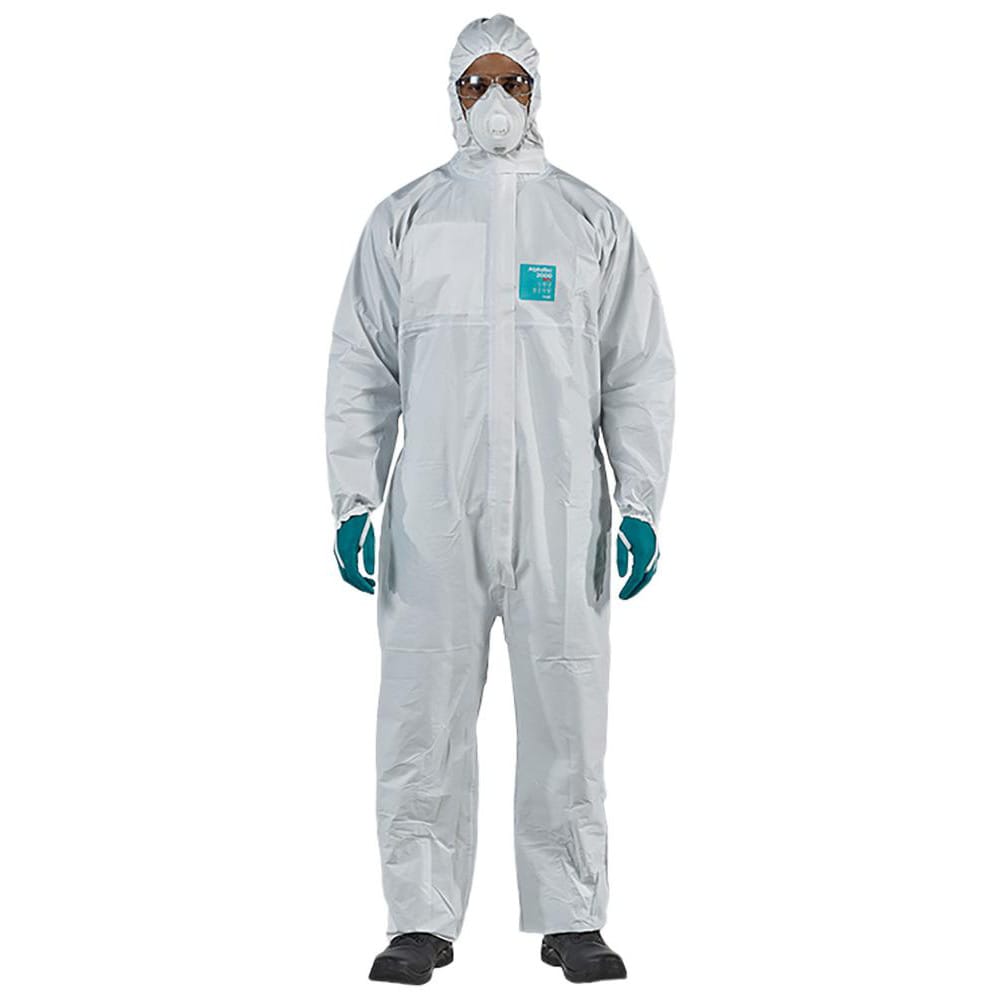 Disposable Coveralls: Size X-Large, 0.5382 oz, Microporous Polyethylene Laminate Non-Woven, 2-Way Zipper with Storm Flap, Chinstrap, Finger Loops & Elastic Closure