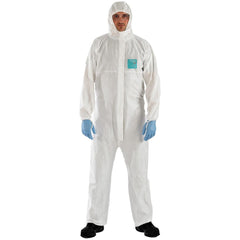 Disposable Coveralls: Size 4X-Large, 0.5382 oz, Microporous Polyethylene Laminate Non-Woven, 2-Way Zipper with Storm Flap Closure