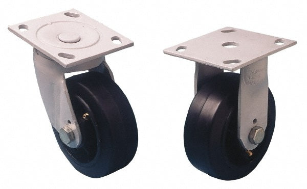 Swivel Top Plate Caster: Rubber, 5" Wheel Dia, 2" Wheel Width, 350 lb Capacity, 6-1/2" OAH