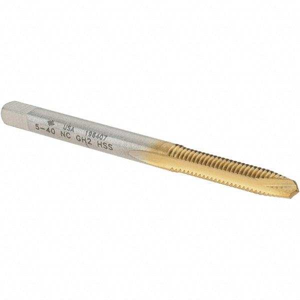 Spiral Point Tap: #5-40 UNC, 2 Flutes, Plug Chamfer, 2B Class of Fit, HSS, TiN Coated