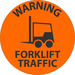 Adhesive Backed Floor Signs; Message Type: Traffic Control; Message/Graphic: Message & Graphic; Message or Graphic: Message & Graphic; Legend: WARNING FORKLIFT TRAFFIC; Material: Vinyl; Legend Color: Black; Color: Black, Orange; Shape: Circle