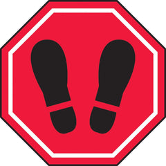 Adhesive Backed Floor Signs; Message Type: Traffic Control; Message/Graphic: Graphic Only; Message or Graphic: Graphic Only; Legend: Footprint  Graphic; Material: Vinyl; Legend Color: Black; Color: Red, White, Black; Shape: Octagon