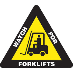 Adhesive Backed Floor Signs; Message Type: Traffic Control; Message/Graphic: Message & Graphic; Message or Graphic: Message & Graphic; Legend: WATCH FOR FORKLIFTS; Material: Vinyl; Legend Color: White; Color: White, Yellow, Black; Shape: Triangle