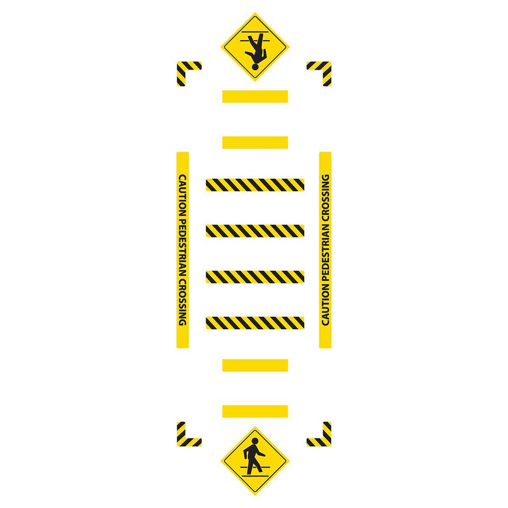 Adhesive Backed Floor Signs; Message Type: Traffic Control; Message/Graphic: Message & Graphic; Message or Graphic: Message & Graphic; Legend: CAUTION PEDESTRIAN CROSSING; Material: Vinyl; Legend Color: Black; Color: Yellow, Black; Shape: Rectangle