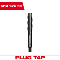 Straight Flute Tap: M12 x 1.75 4 Flute, Plug Chamfer, 2B Class of Fit, High-Carbon Steel, Black Oxide Finish