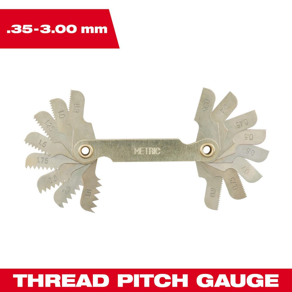 Screw Pitch Gages; Measurement Type: Metric; Pitch Range (mm): 0.35-3.00; Thread Angle (Degrees): 60.00; Number of Leaves: 16; For Thread Location: Internal, External; Material: Steel; Locking Mechanism: No Lock