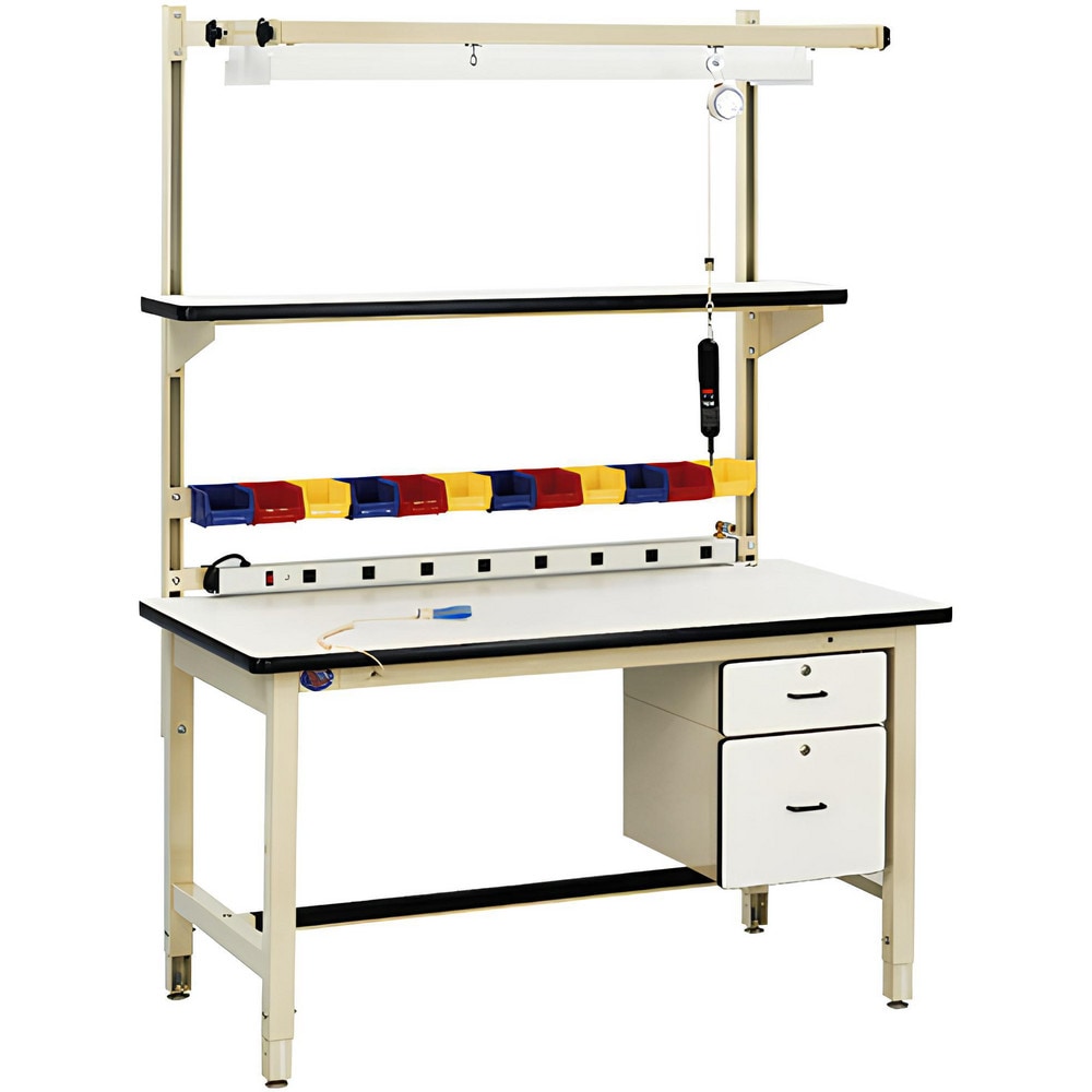 Heavy-Duty Work Bench with Drawer: 60" Wide, 30 to 36" High, Painted, ESD Laminate Top, Steel Base, Light Beige