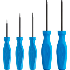 Torx Driver Sets; Torx Size: T7 X 2?, T9 X 2-1/2?, T8 X 2-1/2?, T5 X 1-1/2?, T6 X 2?; Container Type: Poly Pack; Handle Type: Ergonomic; Handle Color: Blue; Tip Material: Steel; Handle Material: Molded Tri-Lobe; Finish: Black Nitride