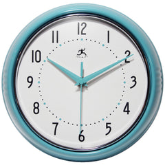 Office Wall Clocks; Clock Type: Dial; Display Type: Analog; Power Source: Battery; Clock Movement Control: Manual; Face Diameter: 7.75000; Face Color: White; Case Color: Turquoise; Digit Color: Black