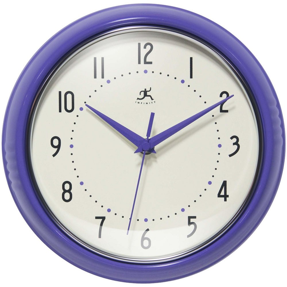 Office Wall Clocks; Clock Type: Dial; Display Type: Analog; Power Source: Battery; Clock Movement Control: Manual; Face Diameter: 7.2500; Face Color: Off-White; Case Color: Periwinkle; Digit Color: Black