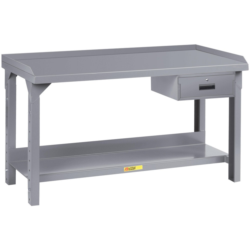 Work Bench: 84" Wide, 27 to 41" High, Powder Coated, 12 Gauge Steel Top, Steel Base, Gray