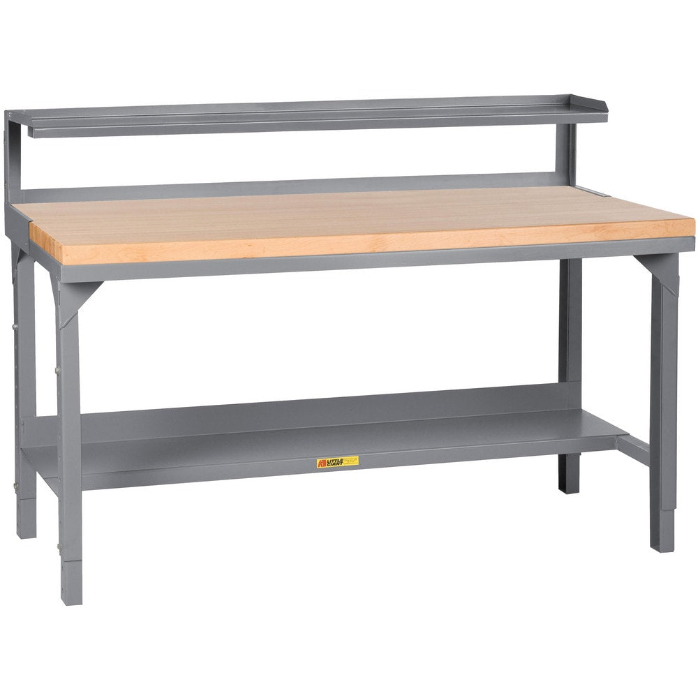 Welded Work Table: 72" Wide, 28-3/4 to 42-3/4" High, Powder Coated, Butcher Block Top, Steel Base, Gray