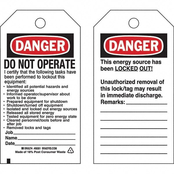 Do Not Operate Tag: 5-3/4" High, 3" Wide, Polyester, "DANGER"