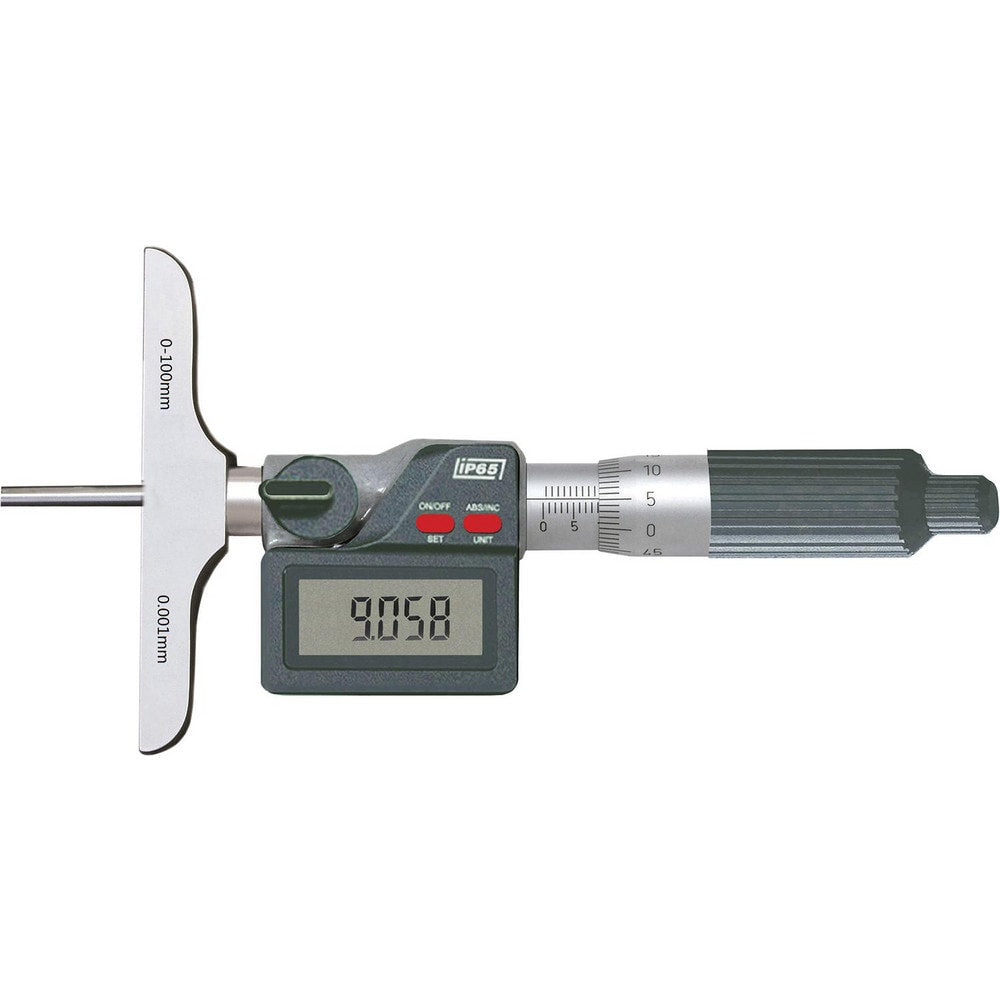 Electronic Depth Micrometers; Minimum Measurement (mm): 0; Maximum Measurement: 12.00; Resolution: 0.000; Maximum Measurement (Inch): 12.00; Base Style: Flat; Rod Type: Flat End; Base Length (Inch): 4.0000; Number of Rods: 12; Thimble Type: Ratchet; Lock