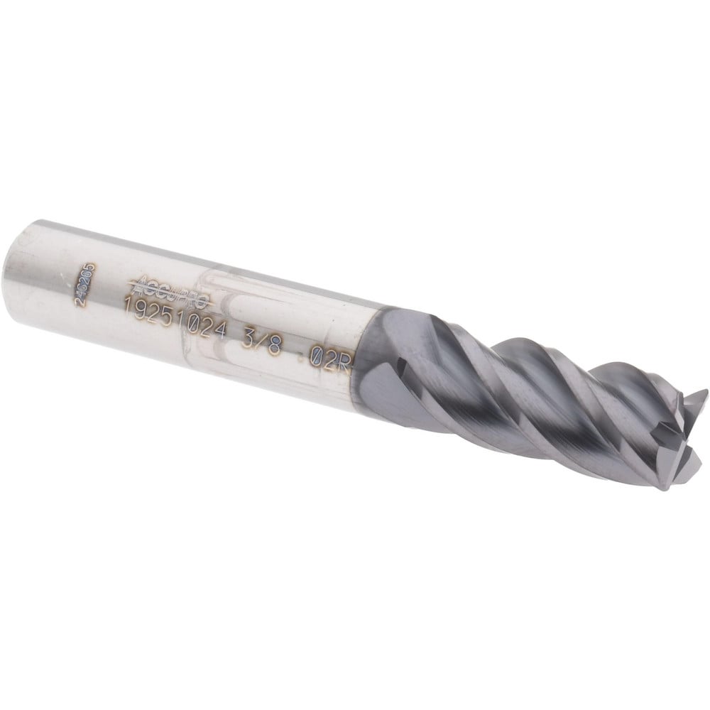 Corner Radius End Mill: 3/8" Dia, 7/8" LOC, 0.0200" Radius, 4 Flute, Solid Carbide