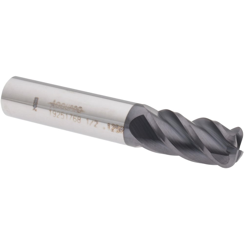 Corner Radius End Mill: 1/2" Dia, 1" LOC, 0.1250" Radius, 4 Flute, Solid Carbide