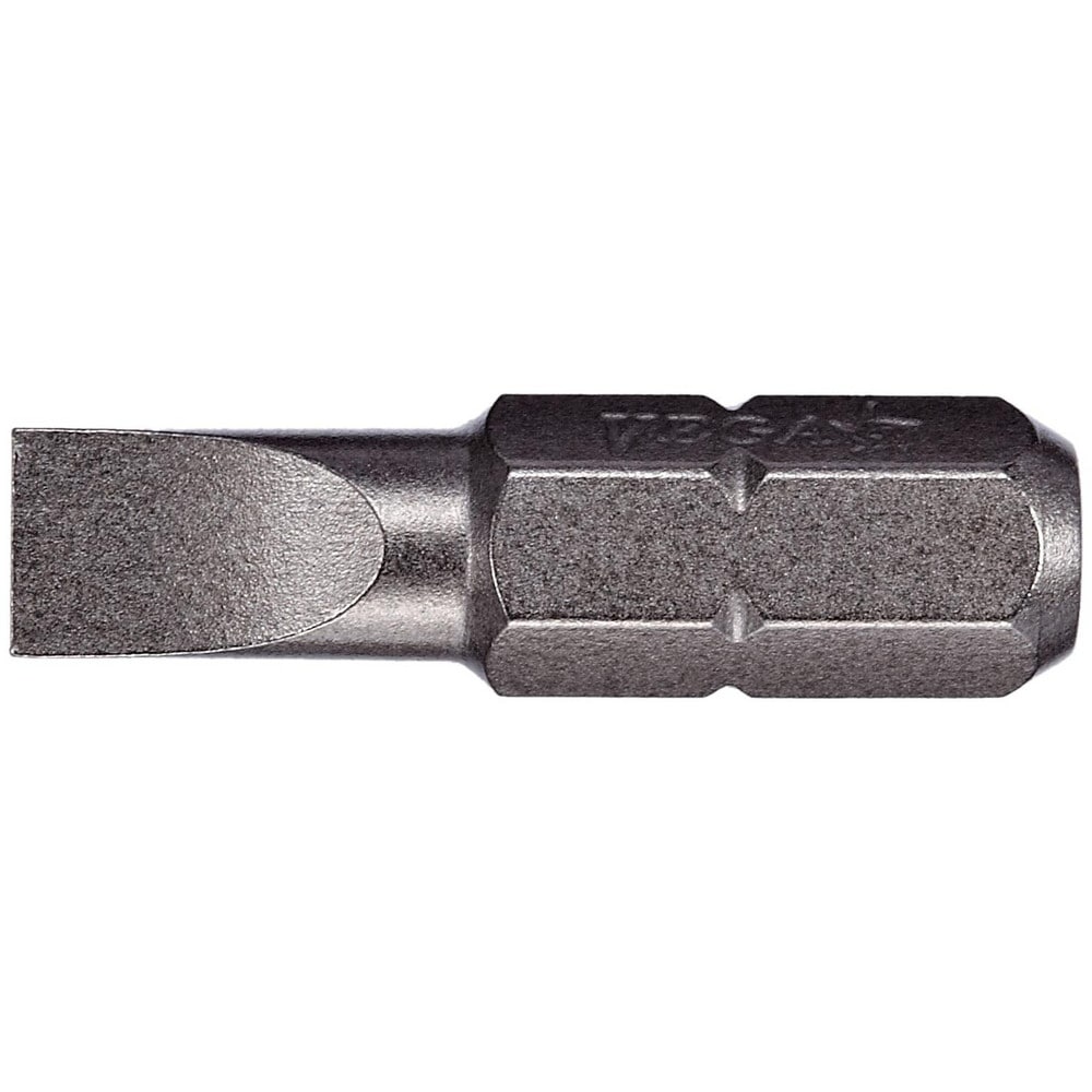 Slotted Screwdriver Bits; Reversible: No; Blade Width (Decimal Inch): 0.2500; Blade Width (mm): 0.250 in; Blade Thickness: 0.039 in; Drive Size (Inch): 0.25 in; Material: S2 Steel; Blade Thickness (Decimal Inch): 0.039 in; Overall Length (Inch): 1.00 in;