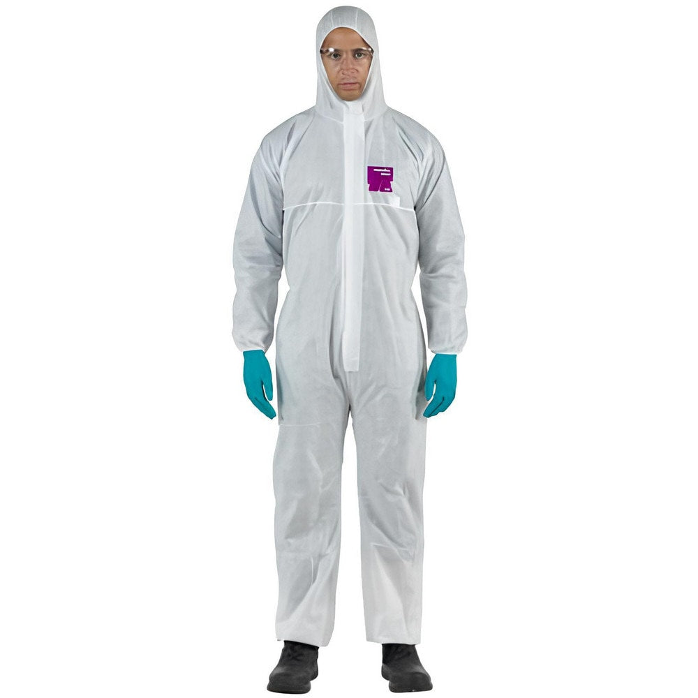 Disposable Coveralls: Chemical Protection, Size Small, 1.4200 oz, SMS, Two Way Zipper & Stormflaps Closure