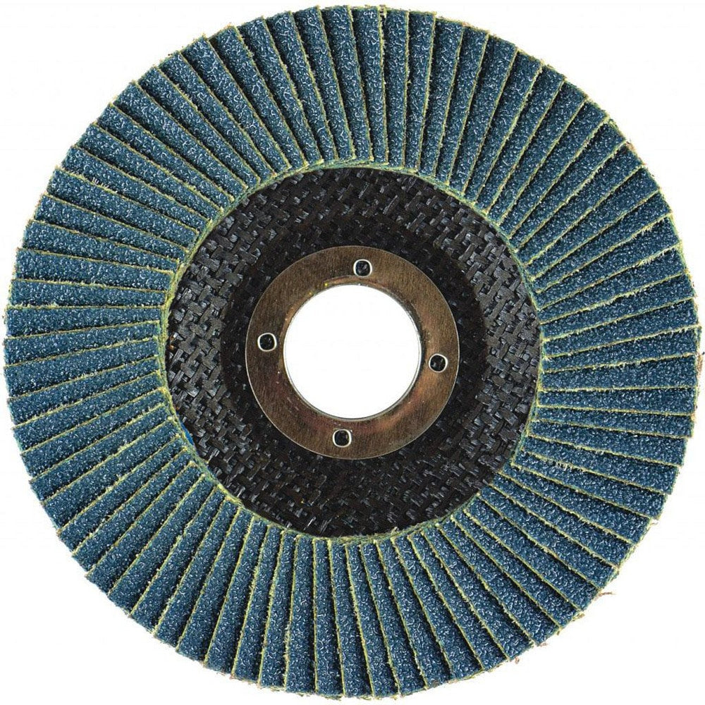 Flap Disc:  4-1/2" Dia, 5/8-11" Hole, 120 Grit, Zirconia Alumina, Type 29