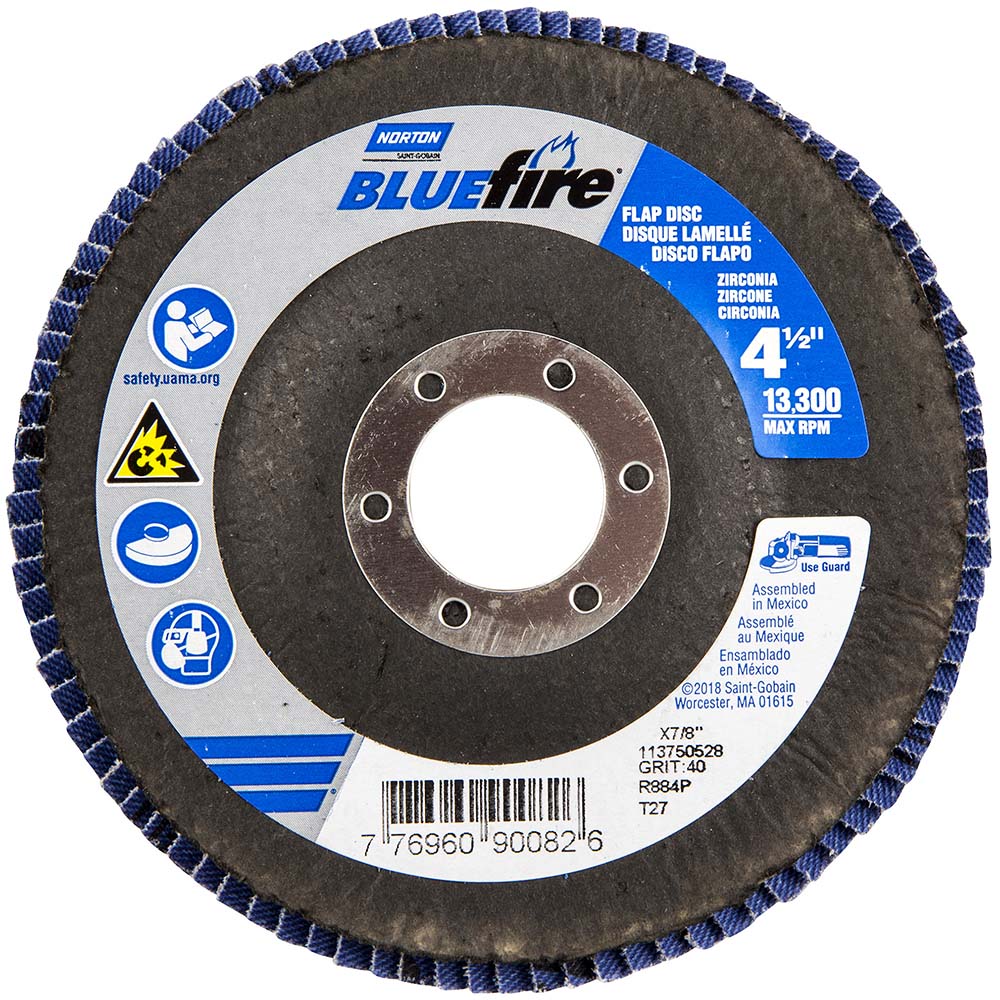 Flap Disc:  4-1/2" Dia, 7/8" Hole, 40 Grit, Zirconia Alumina, Type 27