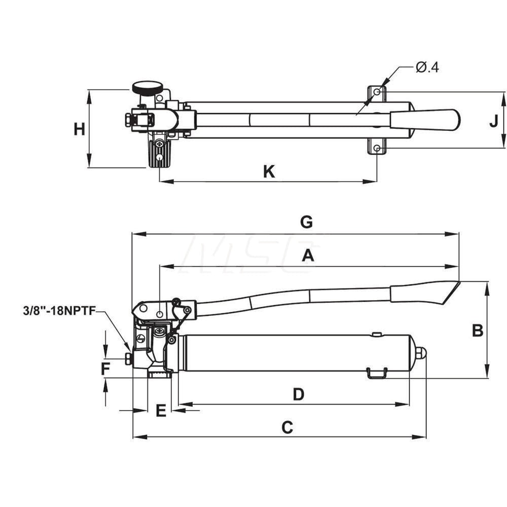 Manual Hydraulic Pumps; Number Of Stages: 1; Piston Diameter (Decimal Inch): 0.79; Port Size: 3/8  NPTF; Maximum Handle Effort: 100; 1st Stage Pressure Rating: 200; 2nd Stage Pressure Rating: 10000; Orientation: Horizontal; Stroke Length: 20