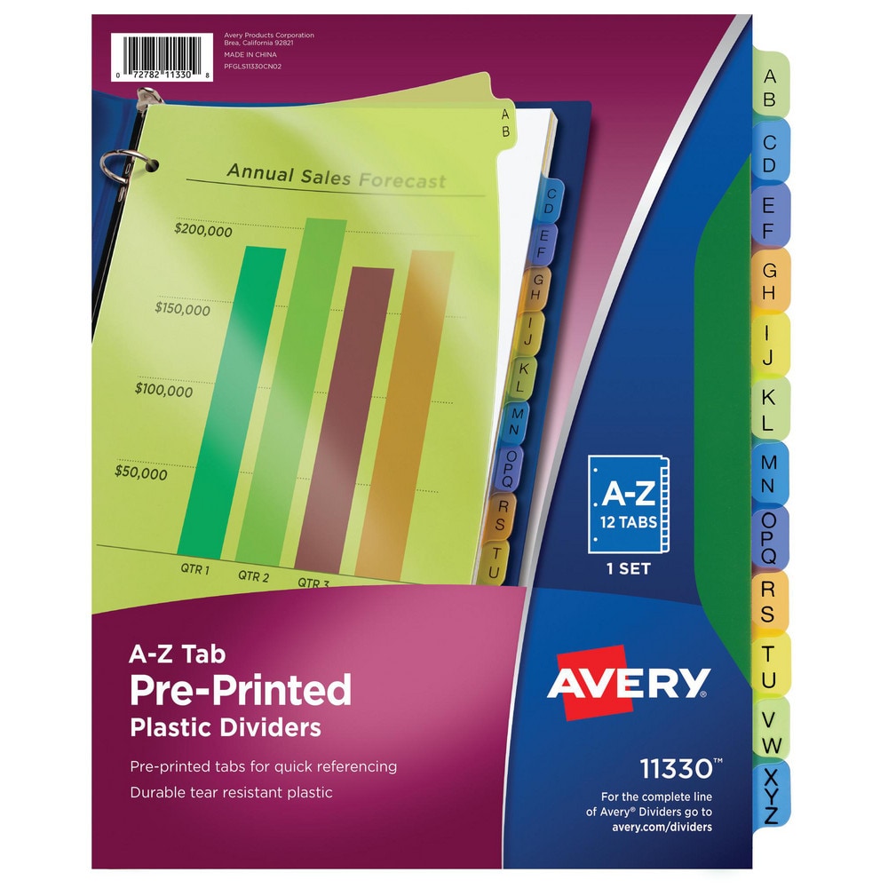 11 x 8 1/2" A to Z Label, 12 Tabs, 3-Hole Punched, Preprinted Divider