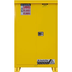 Flammable & Hazardous Storage Cabinets:  45.000 gal Drum, 2.000 Door,  2 Shelf,  Manual Closing,  Safety Yellow