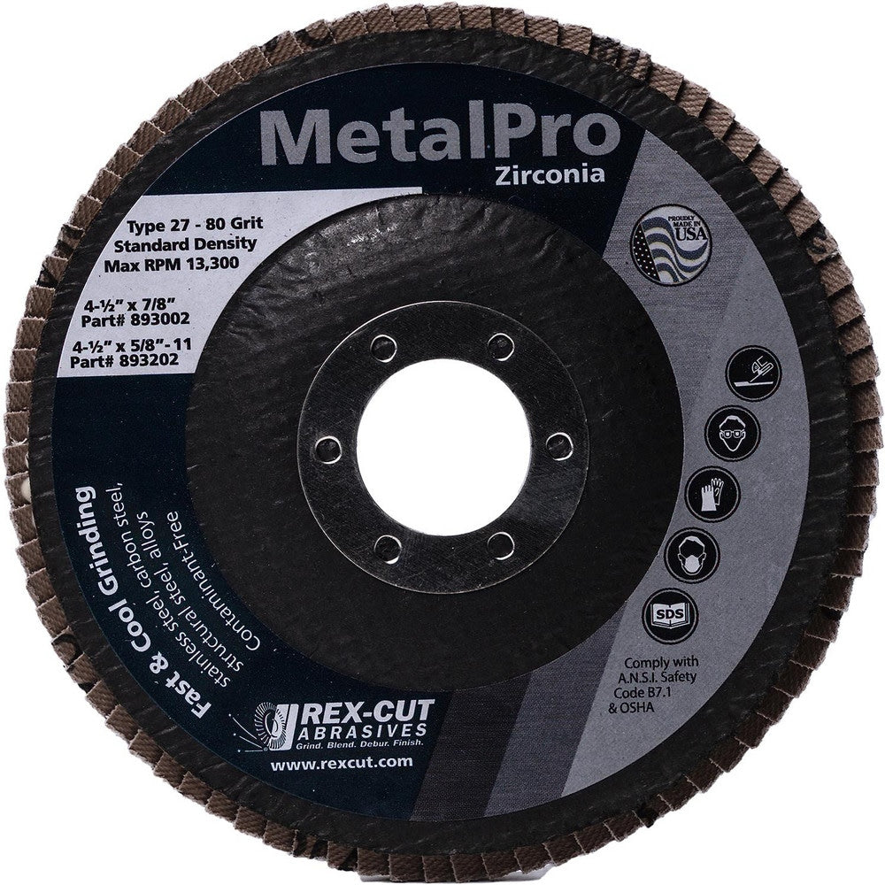 Flap Disc:  4-1/2" Dia, 7/8" Hole, 60 Grit, Zirconia Alumina, Type 27