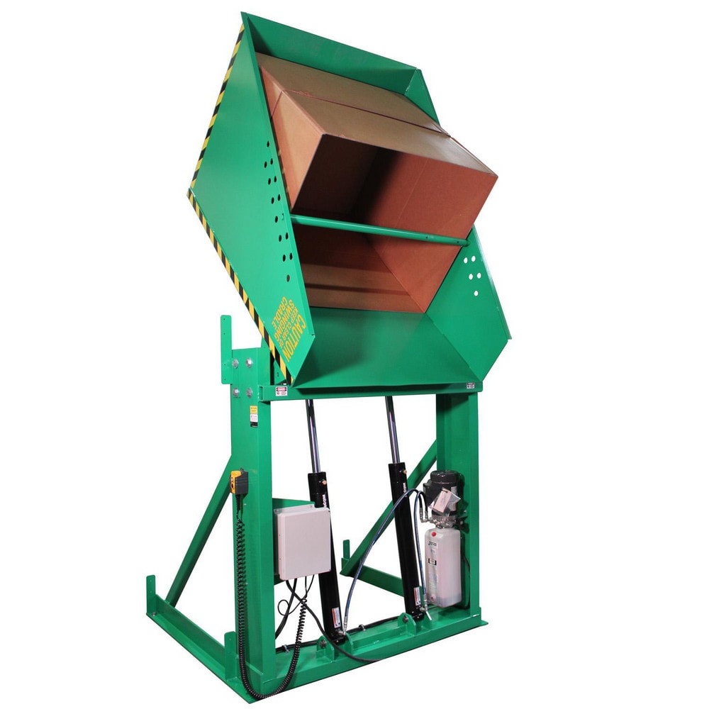 Box Dumpers; Capacity (Lb.): 4000; Dump Height (Inch): 72; Chute Width (Inch): 51; Dump Angle: 45; Chute Depth (Inch): 48; Voltage: 230V; Chute Height (Inch): 84; Chute Reach (Inch): 5