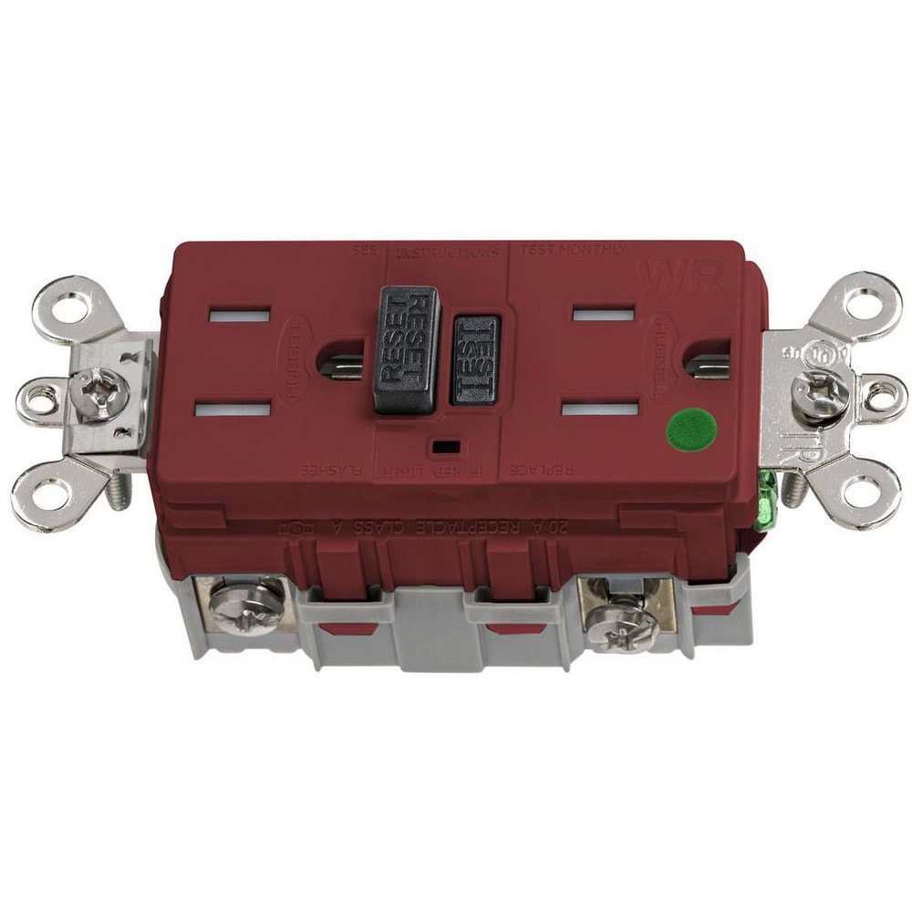 GFCI Receptacles; Grade: Industrial, Hospital; Receptacle Type: Duplex; NEMA Configuration: 5-15R; Reset Type: Manual; Body Material: PC/PBT; Color: Red