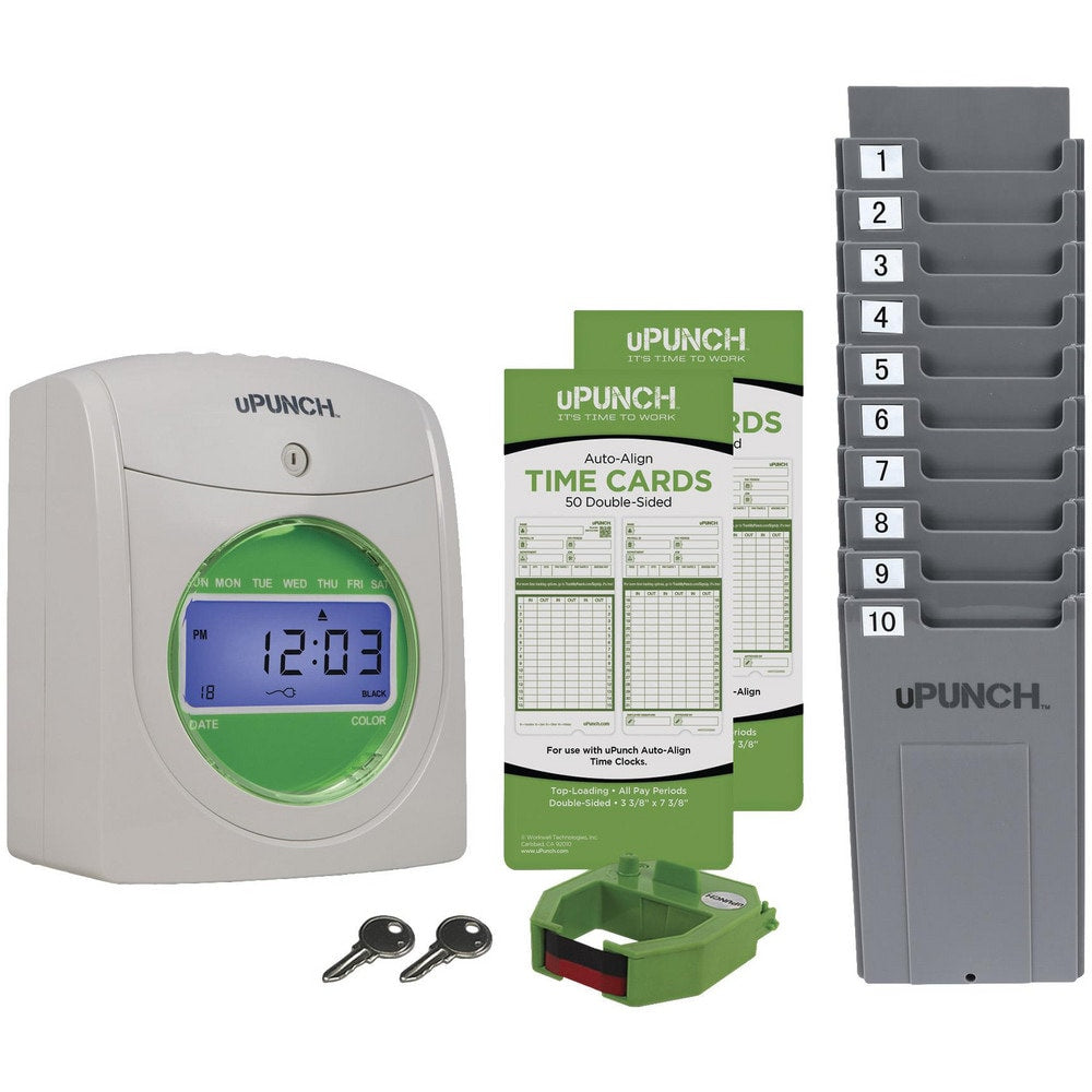 Time Clocks & Time Recorders; Punch Type: Electronic; Power Source: Electric; Display Type: LCD Display; Material: Plastic; Records: Attendance; Color: White, Green