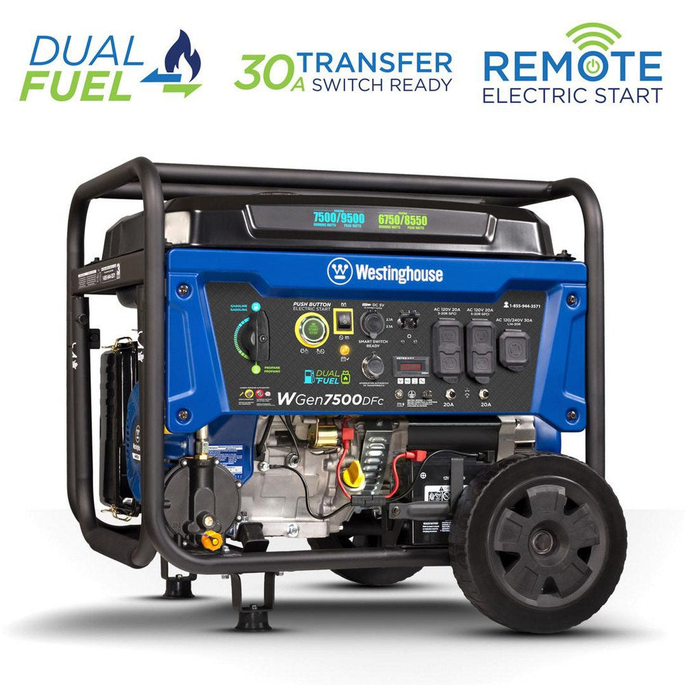 Portable Power Generators; Fuel Type: Gasoline, Propane; Starting Method: Electric Start, Recoil, Remote Start; Running Watts: 7.5; Wattage (kW): 9.5; Starting Watts: 9500 W; Run Time Half Load: 11