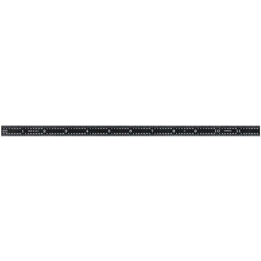 Steel Rules; Material: Steel; Length (Inch): 12; Graduation (Inch): 1/16, 1/64, 1/8, 1/32; Tip Style: Flat; Color: Black; Flexibility: Flexible