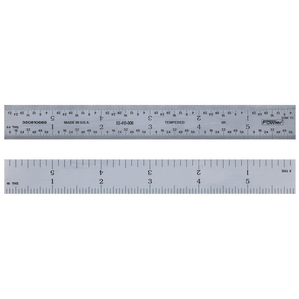 Steel Rules; Material: Steel; Length (Inch): 12; Graduation (Inch): 1/16, 1/64, 1/8, 1/32; Tip Style: Flat; Color: Silver; Flexibility: Rigid