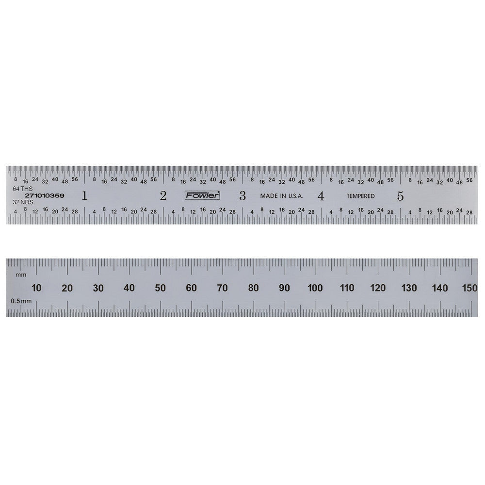 Steel Rules; Material: Steel; Length (Inch): 6; Graduation: 0.50; 1.00; Graduation (Inch): 1/64, 1/32; Tip Style: Flat; Color: Silver; Flexibility: Flexible