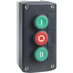 Pushbutton Control Stations; Control Station Type: Control Station; Number of Operators: 3; Legend Markings: I-O-II; Switch Action: Spring Return; Contact Configuration: 2NO/1NC; Operator Type: Flush Push Button