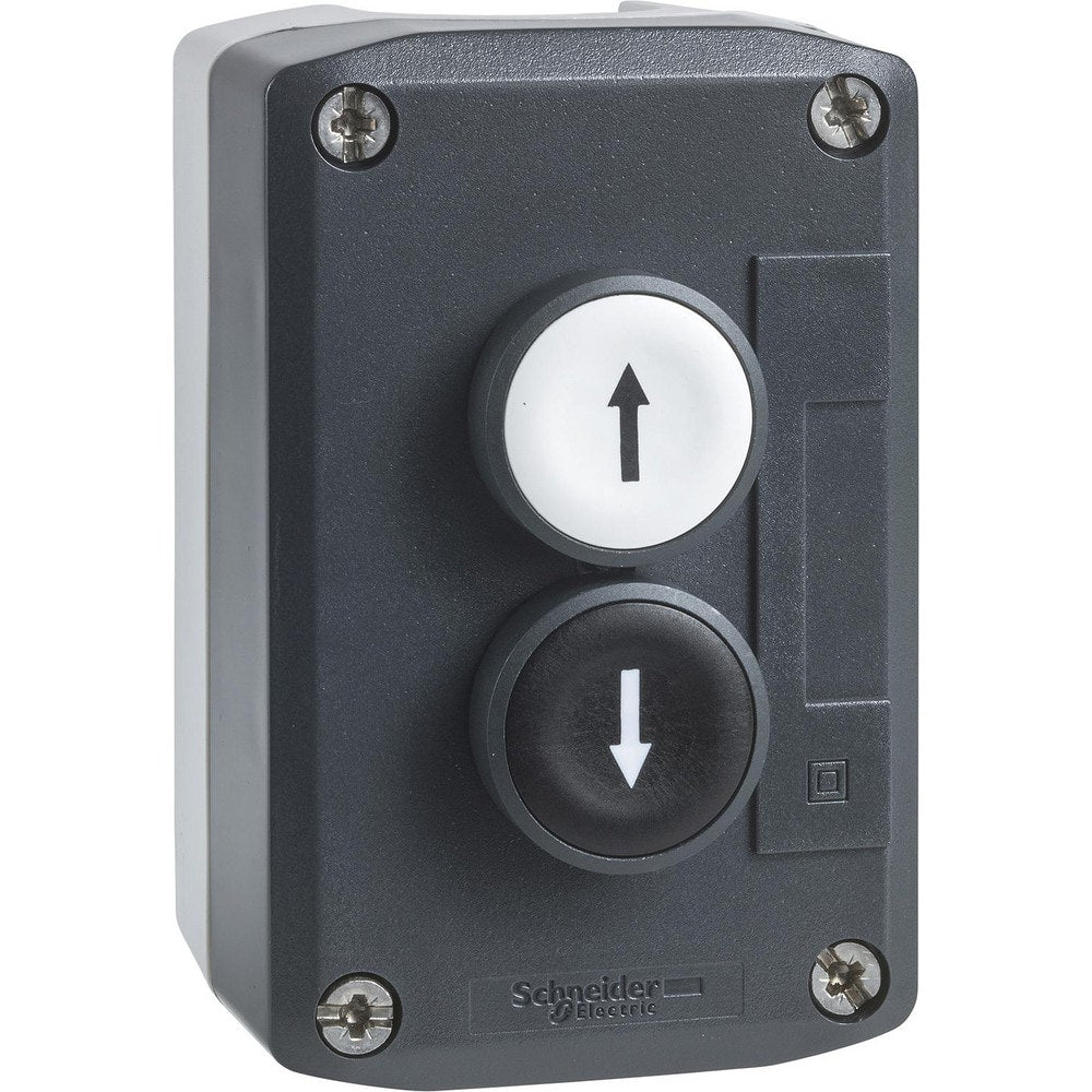 Pushbutton Control Stations; Control Station Type: Control Station; Number of Operators: 2; Legend Markings: Up Arrow, Down Arrow; Switch Action: Spring Return; Contact Configuration: 2NO; Operator Type: Flush Push Button