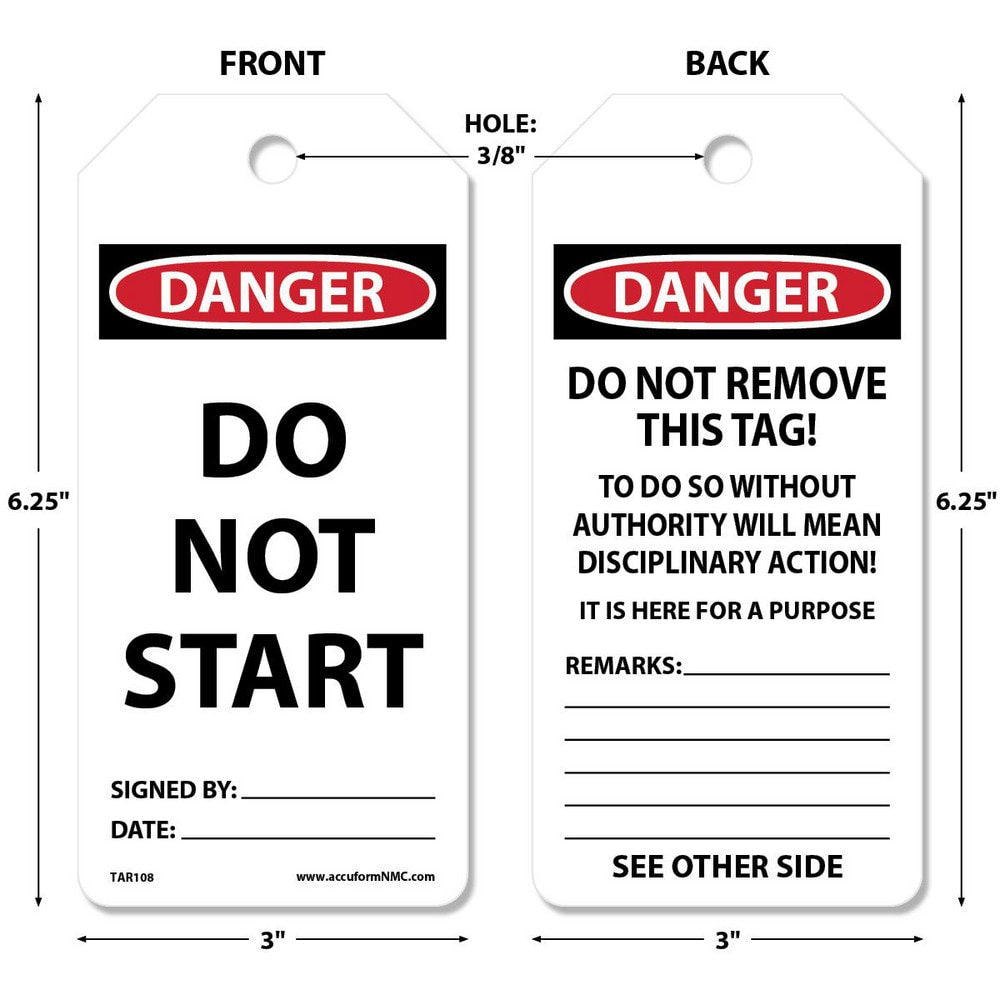 Accident Prevention Tag: Rectangle, 6-1/4" High, Synthetic Paper, "DANGER"