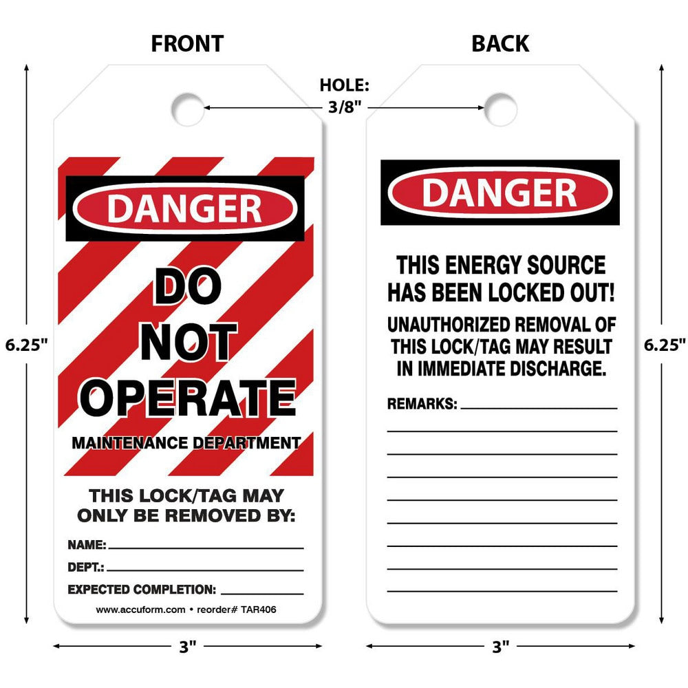 Lockout Tag: Rectangle, 6-1/4" High, Synthetic Paper, "DANGER"