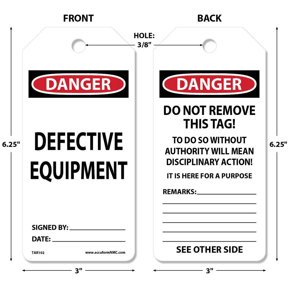 Accident Prevention Tag: Rectangle, 6-1/4" High, Synthetic Paper, "DANGER"