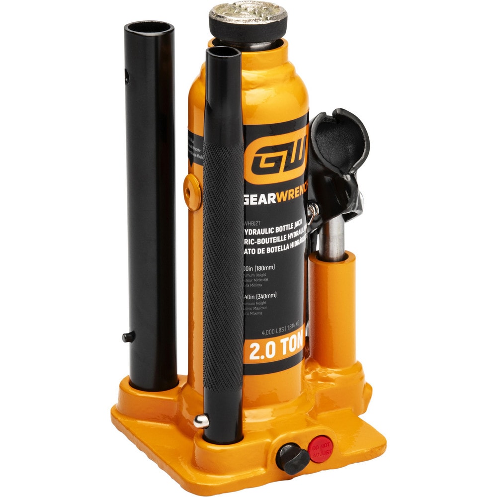 Manual Bottle, Screw, Ratchet & Hydraulic Jacks; Jack Type: Hydraulic Bottle Jack; Load Capacity (Tons): 2; Minimum Height (Inch): 7; Maximum Height (Inch): 13-1/4; Base Diameter (Decimal Inch): 3.6