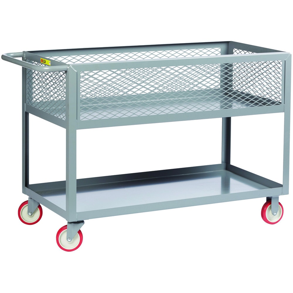 Mesh-Sided Shelf Utility Cart: 36" Long, 18" Wide, Steel, 1200 lb Capacity, Gray