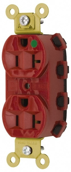 Straight Blade Receptacles; Receptacle Type: Duplex Receptacle; Grade: Hospital; Color: Red; Grounding Style: Self-Grounding; Amperage: 20.0000; Voltage: 125V AC; Wiring Method: Wiring Module; Flanged: No