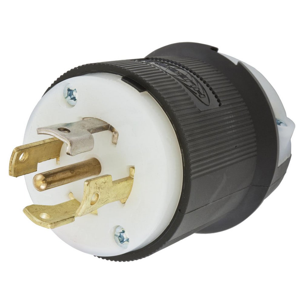 Locking Devices, Twist-Lock, Industrial, Male Insulgrip Plug, 30A 3-Phase 277/480V AC, 4-Pole 5-Wire Grounding, L22-30P, Spring Terminal, Black and White Nylon.