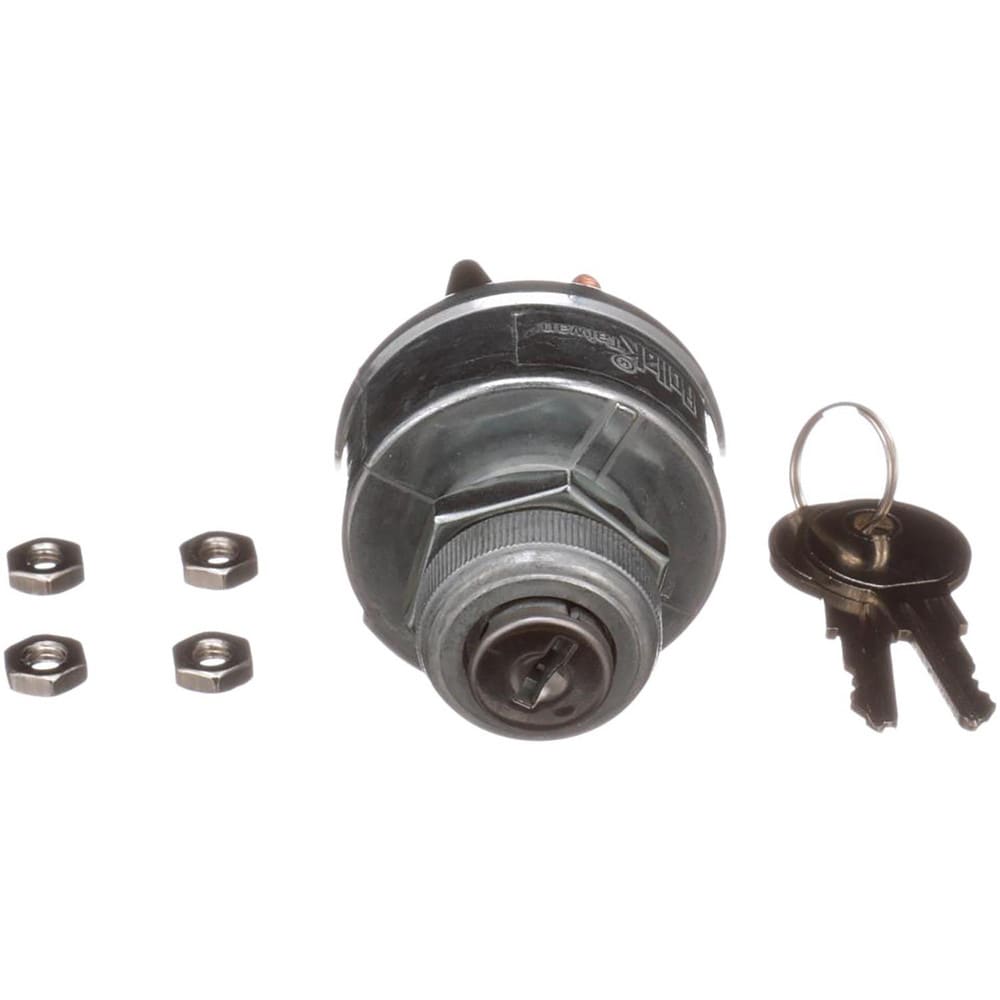 Automotive Switches; Switch Type: Ignition Switch-12v; Number Of Connections: 4; Contact Form: 10-32 Stud; Sequence: ACC-Off-On/ACC-Start; Amperage: 30; Voltage: 12; Color: Gray; Actuator Type: Key Manual