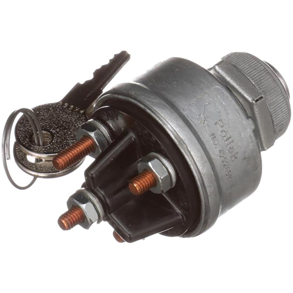 Automotive Switches; Switch Type: Ignition Switch-12v; Number Of Connections: 4; Contact Form: 10-32 Stud; Sequence: ACC-Off-On/ACC-Start; Amperage: 30; Voltage: 12; Color: Gray; Actuator Type: Key Manual