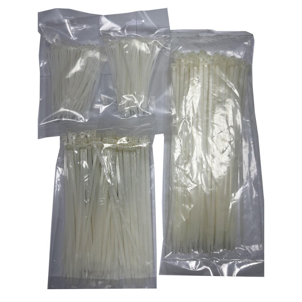 Cable Tie Assortments; Cable Tie Style: Standard; Color: Natural; Tensile Strength: 18 lb, 50 lb; Container Type: Bag; Number of Pieces: 400; Overall Length: 100.00; Overall Width: 3